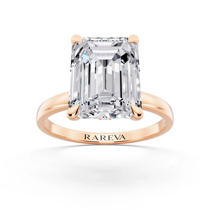 18 KT Rose Gold Emerald Cut Diamond Solitaire Ring with Pave Collar - front view
