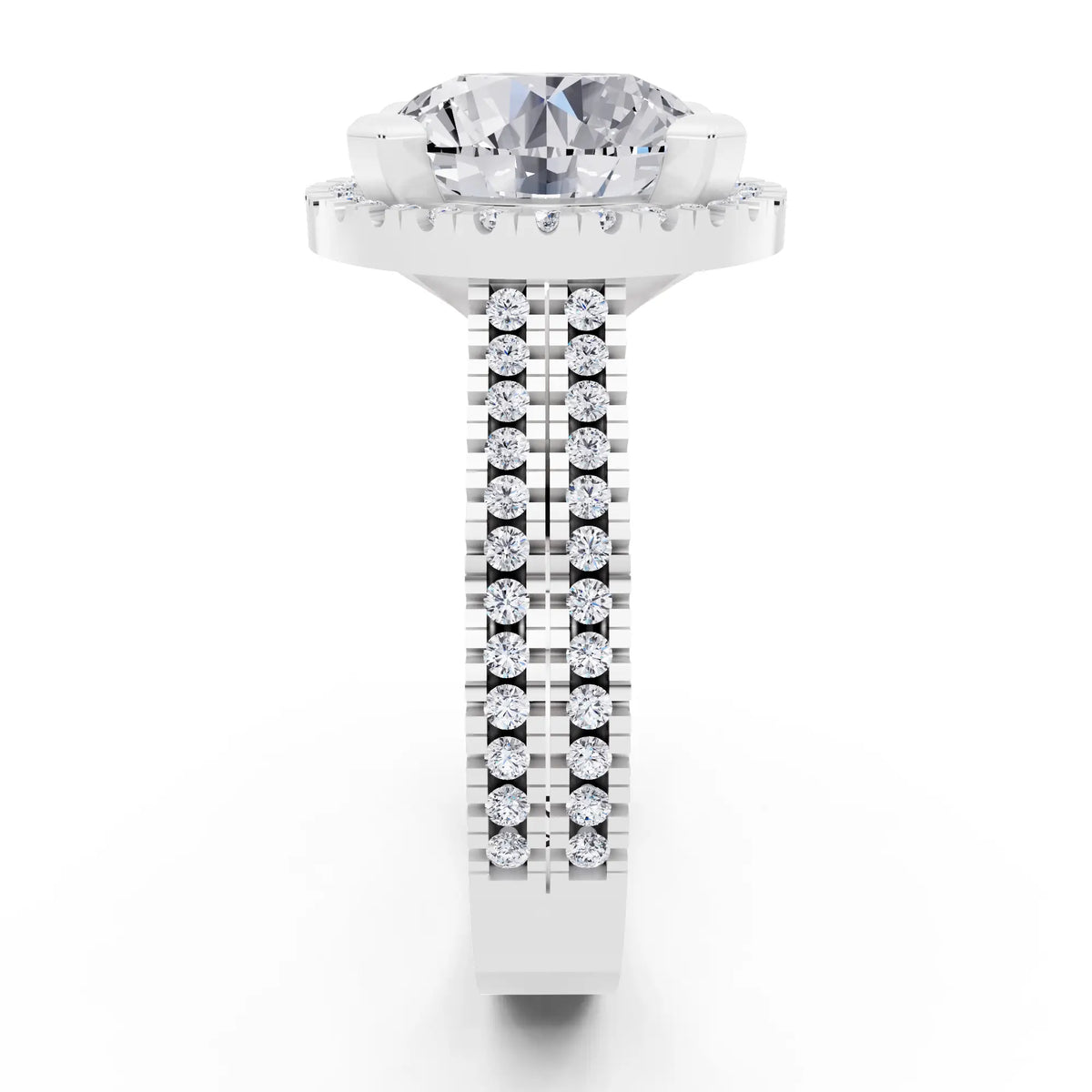 Platinum Round Cut Diamond Halo Ring with Twin Pave Band - side view