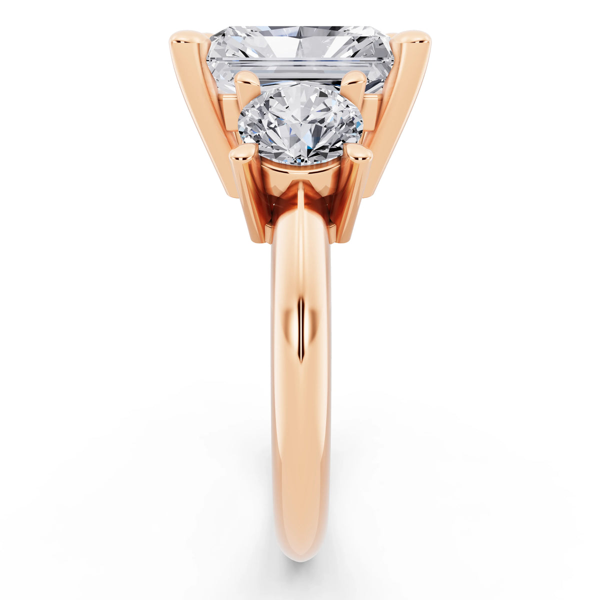 18 KT Rose Gold Radiant Cut Diamond Three Stone Ring with Round Accents - side view