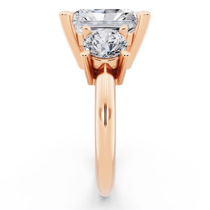18 KT Rose Gold Radiant Cut Diamond Three Stone Ring with Round Accents - side view