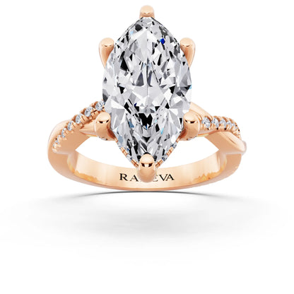 14 KT Rose Gold Marquise Cut Diamond Hidden Halo Ring with Twisted Pave Band - front view