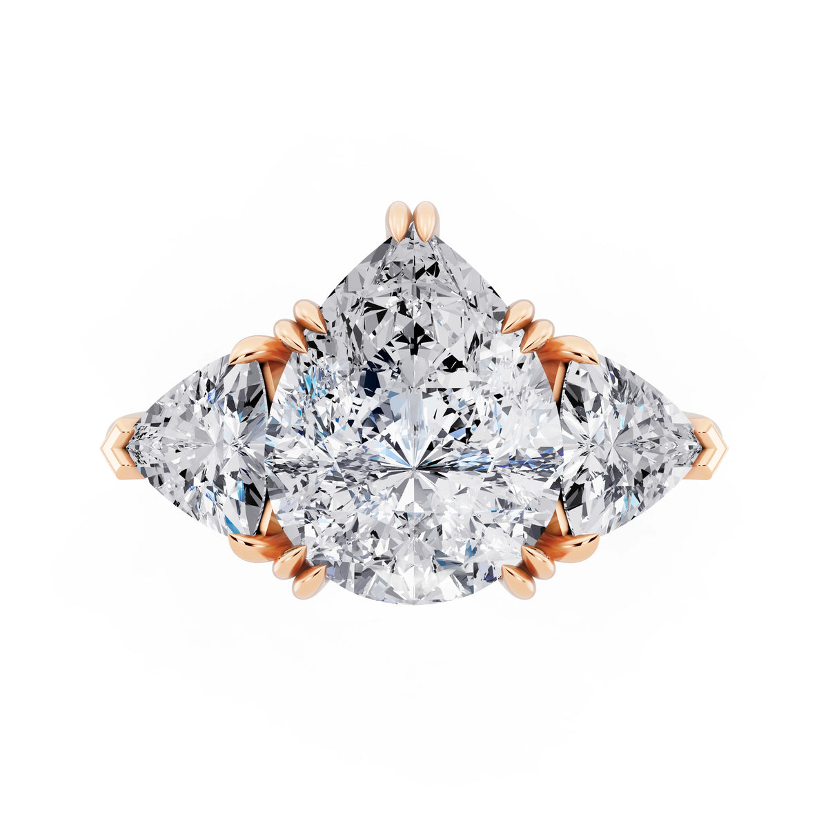 14 KT Rose Gold Pear Cut Diamond Three Stone Ring with Trillion Accents - top angle