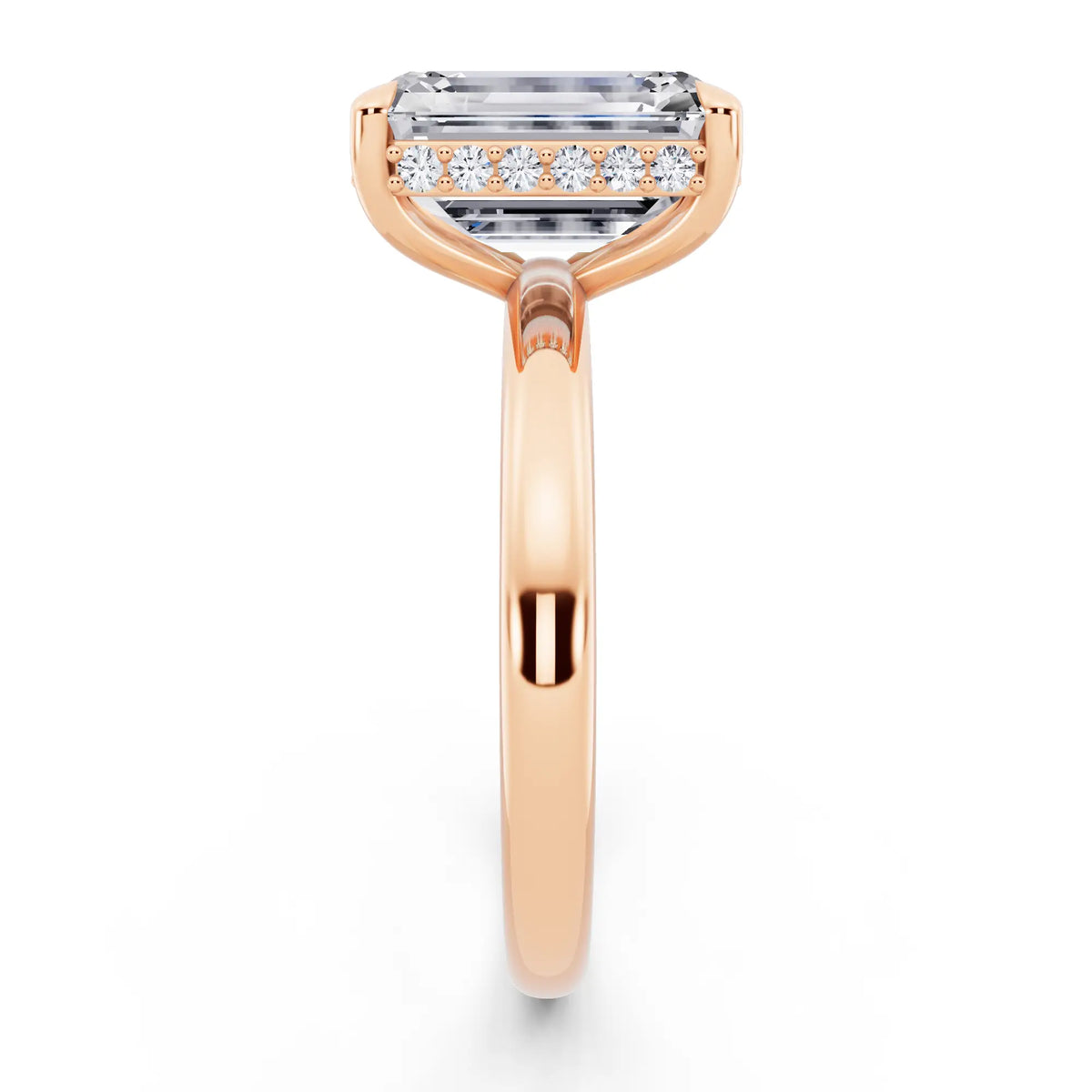 14 KT Rose Gold Emerald Cut Diamond Hidden Halo Solitaire Ring - side view