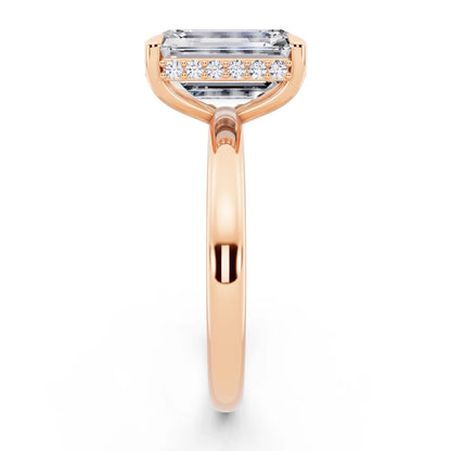 14 KT Rose Gold Emerald Cut Diamond Hidden Halo Solitaire Ring - side view