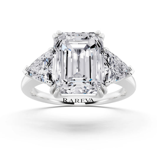 14 KT White Gold Emerald Cut Diamond Three Stone Ring with Trillion Accents - front view