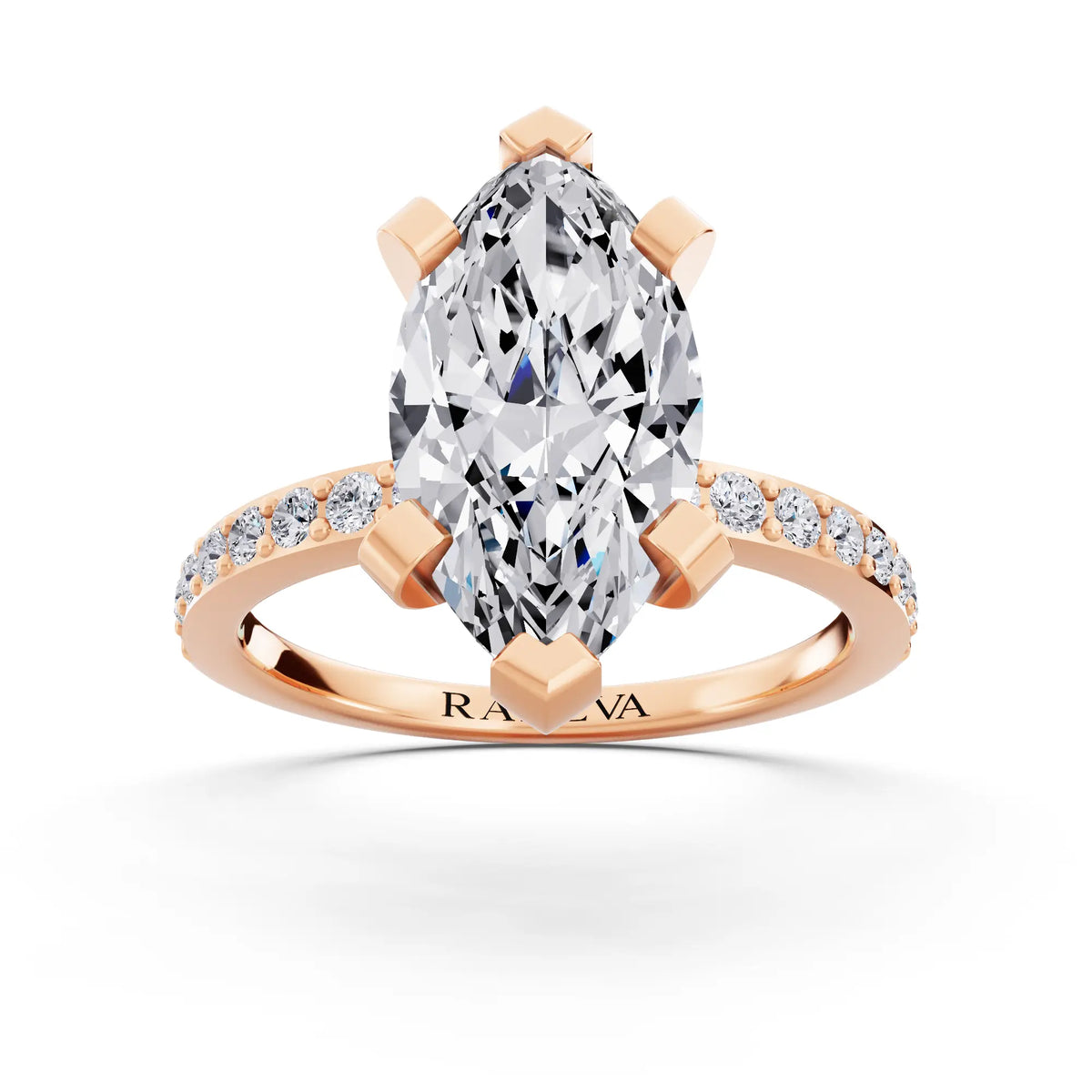 18 KT Rose Gold Marquise Cut Diamond Solitaire Ring with Pave Shank - front view