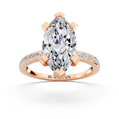 18 KT Rose Gold Marquise Cut Diamond Solitaire Ring with Pave Shank - front view