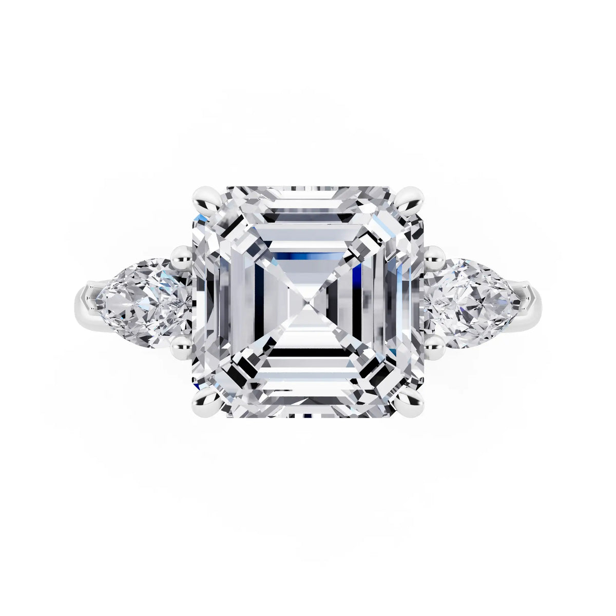 14 KT White Gold Asscher Cut Diamond Three Stone Pear Accent Ring - top angle