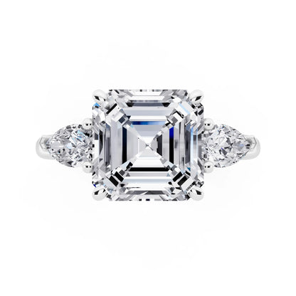 14 KT White Gold Asscher Cut Diamond Three Stone Pear Accent Ring - top angle