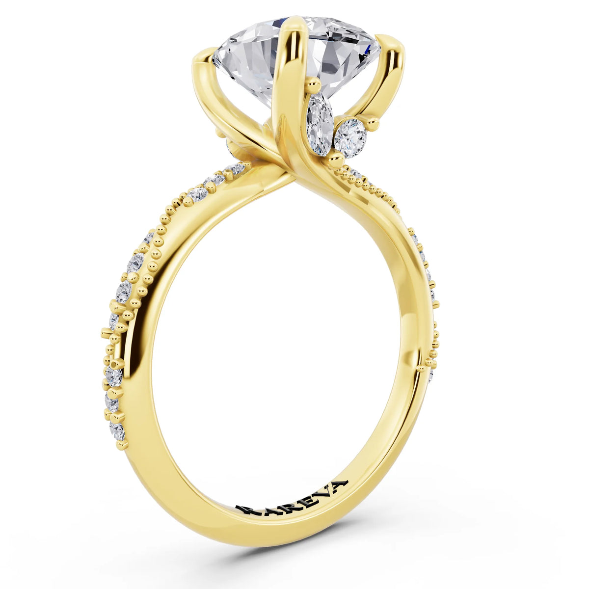 18 KT Yellow Gold Oval Cut Diamond Ring with Marquise Accent - top view