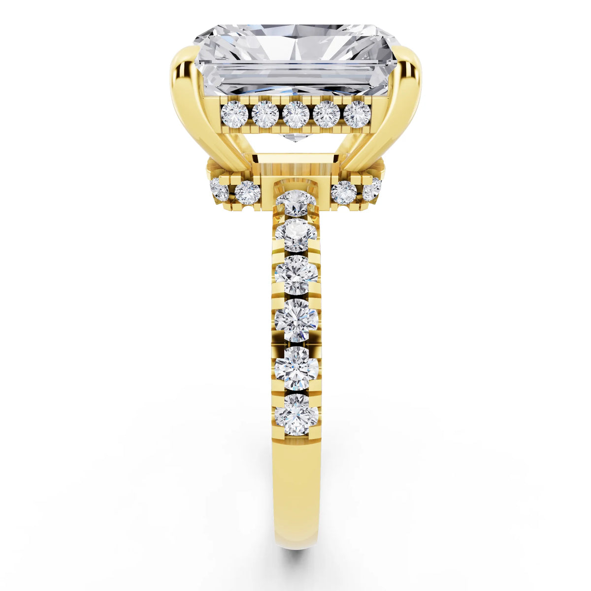 18 KT Yellow Gold Radiant Cut Diamond Hidden Halo Tiger Prong Pave Band Ring - side view