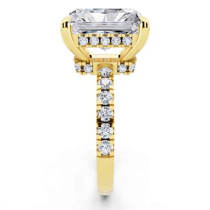 18 KT Yellow Gold Radiant Cut Diamond Hidden Halo Tiger Prong Pave Band Ring - side view