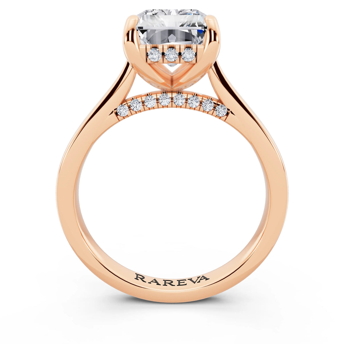 14 KT Rose Gold Radiant Cut Diamond Solitaire Ring with Cathedral Band - through finger