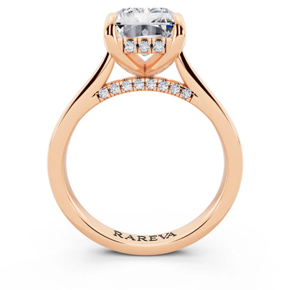 14 KT Rose Gold Radiant Cut Diamond Solitaire Ring with Cathedral Band - through finger