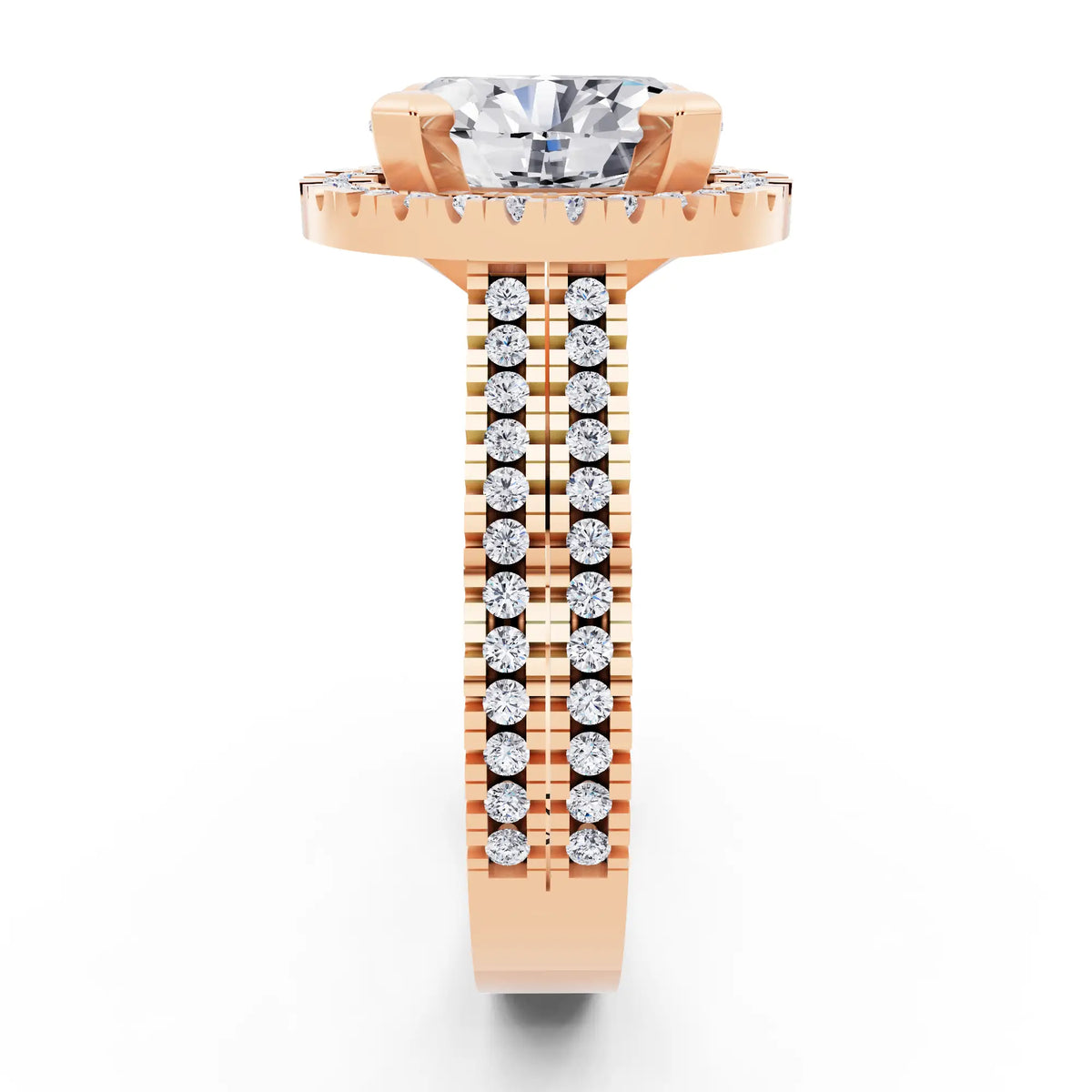 14 KT Rose Gold Oval Cut Diamond Halo Ring with Twin Pave Band - side view