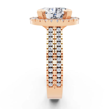 14 KT Rose Gold Oval Cut Diamond Halo Ring with Twin Pave Band - side view