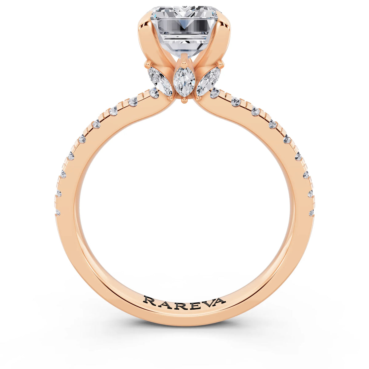 14 KT Rose Gold Emerald Cut Diamond Solitaire Ring with Marquise Collar - through finger