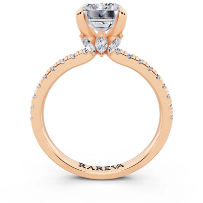 14 KT Rose Gold Emerald Cut Diamond Solitaire Ring with Marquise Collar - through finger