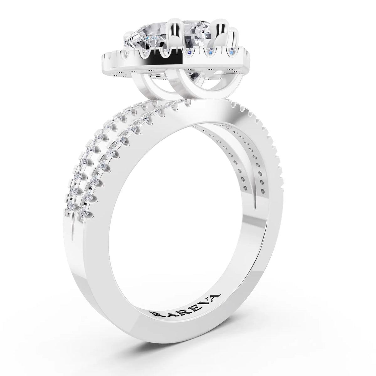14 KT White Gold Heart Cut Diamond Halo Ring with Pave Split Shank - top view