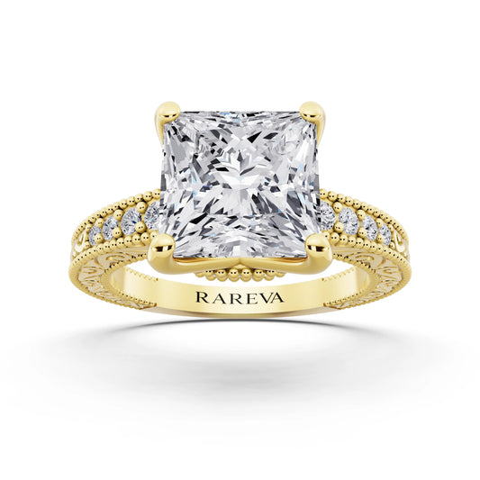 14 KT Yellow Gold Princess Cut Diamond Vintage - front view