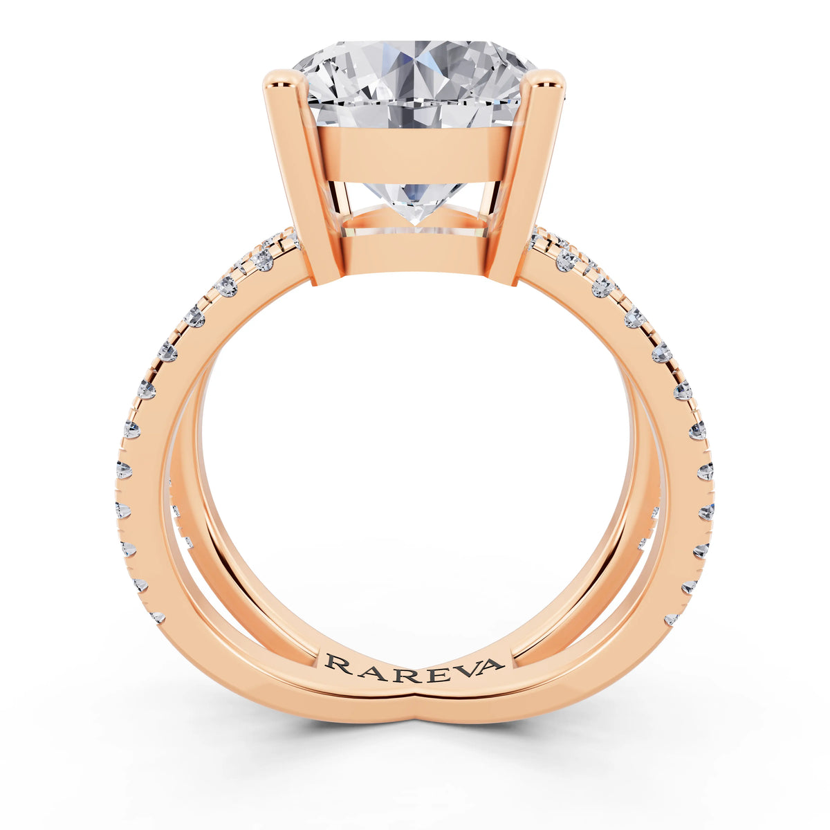 14 KT Rose Gold Round Cut Diamond Ring with Twisted Split Shank - through finger