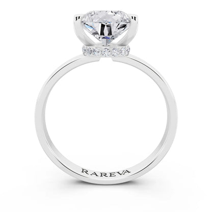 18 KT White Gold Pear Cut Diamond Solitaire Ring with Pave Collar - through finger