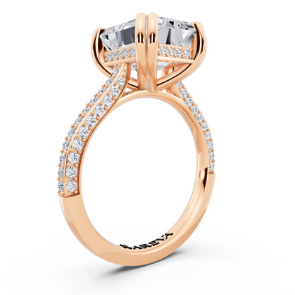 14 KT Rose Gold Emerald Cut Diamond Hidden Halo Double Claw Pave Band Ring - top view