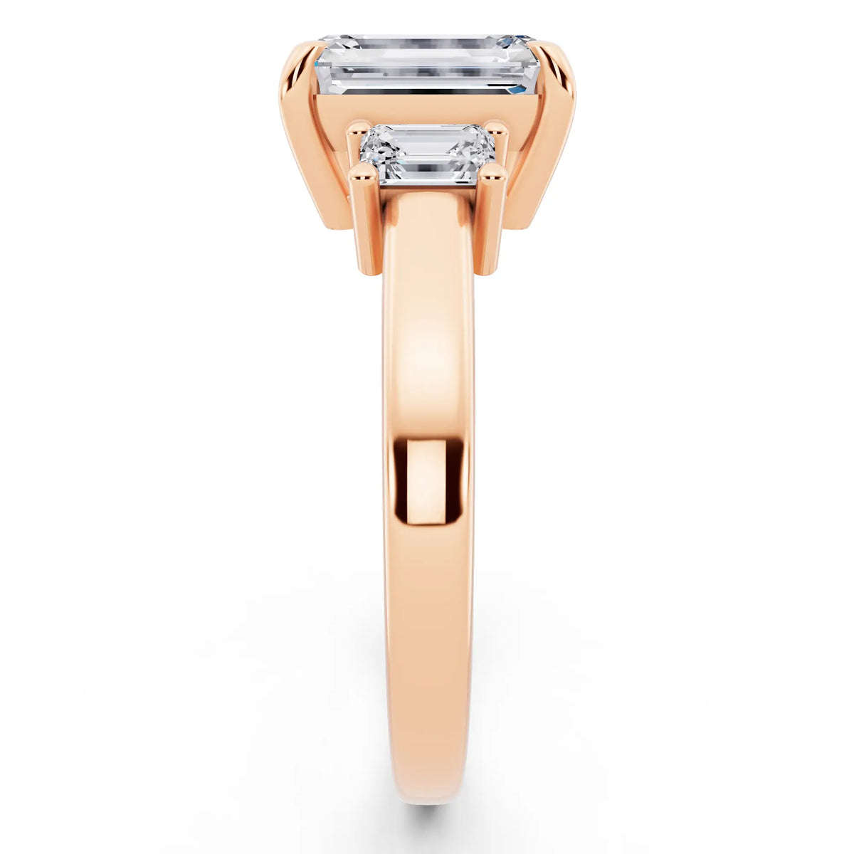 18 KT Rose Gold Emerald Cut Diamond Three Stone Emerald Accent Ring - side view