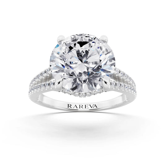 14 KT White Gold Round Cut Diamond Ring with Pavé Split Shank - front view