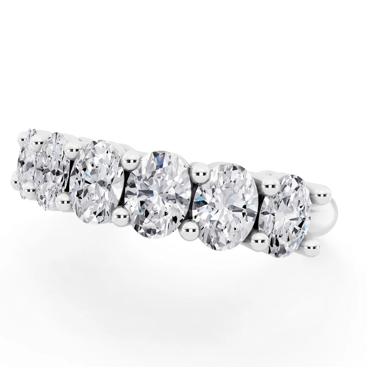 14K White Gold Seven Stone Oval Cut Diamond Half Eternity Wedding Band - 1.8mm - Close up
