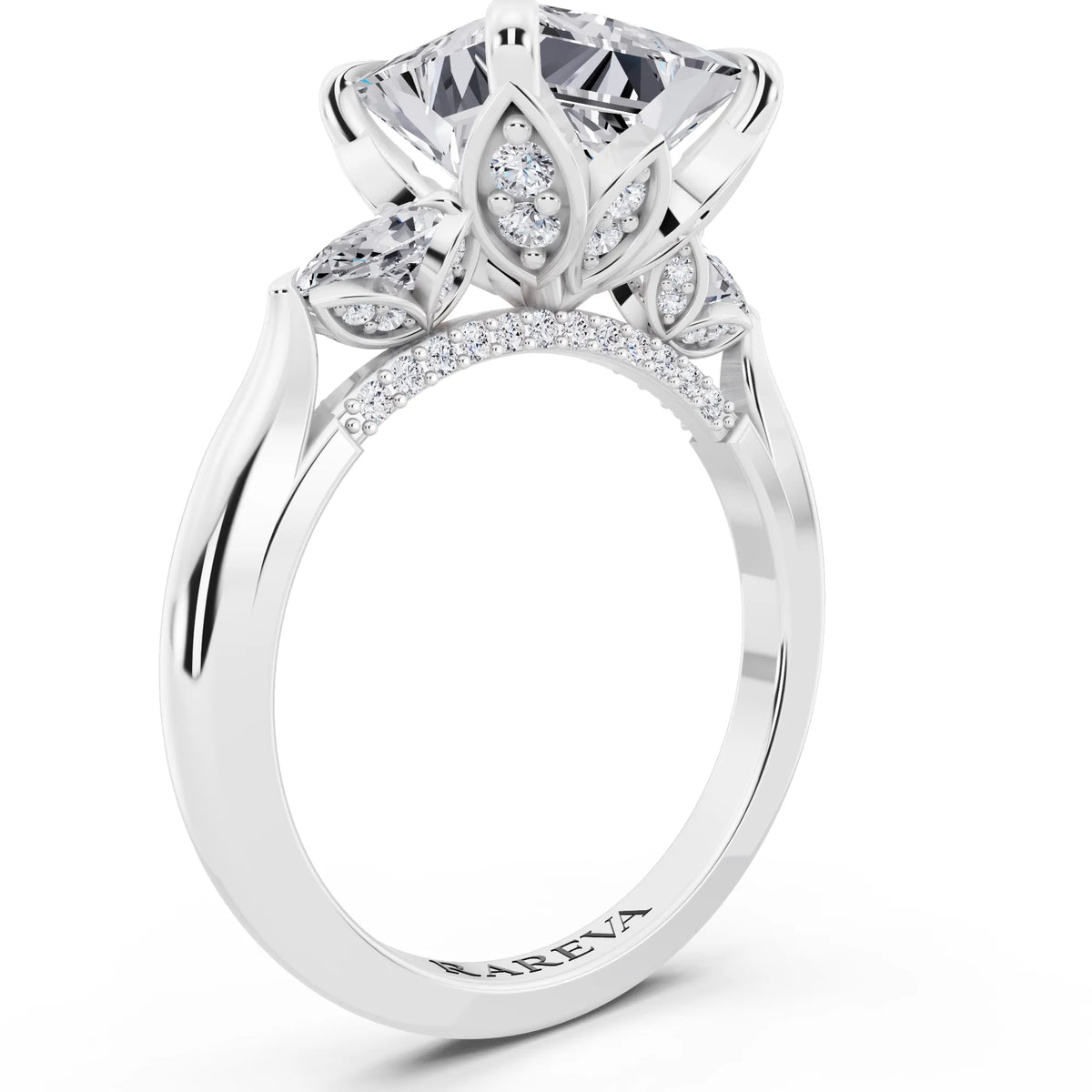 14 KT White Gold Princess Cut Diamond Cluster Engagement Ring with Pear Accents and Pavé Band - top view