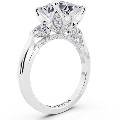14 KT White Gold Princess Cut Diamond Cluster Engagement Ring with Pear Accents and Pavé Band - top view