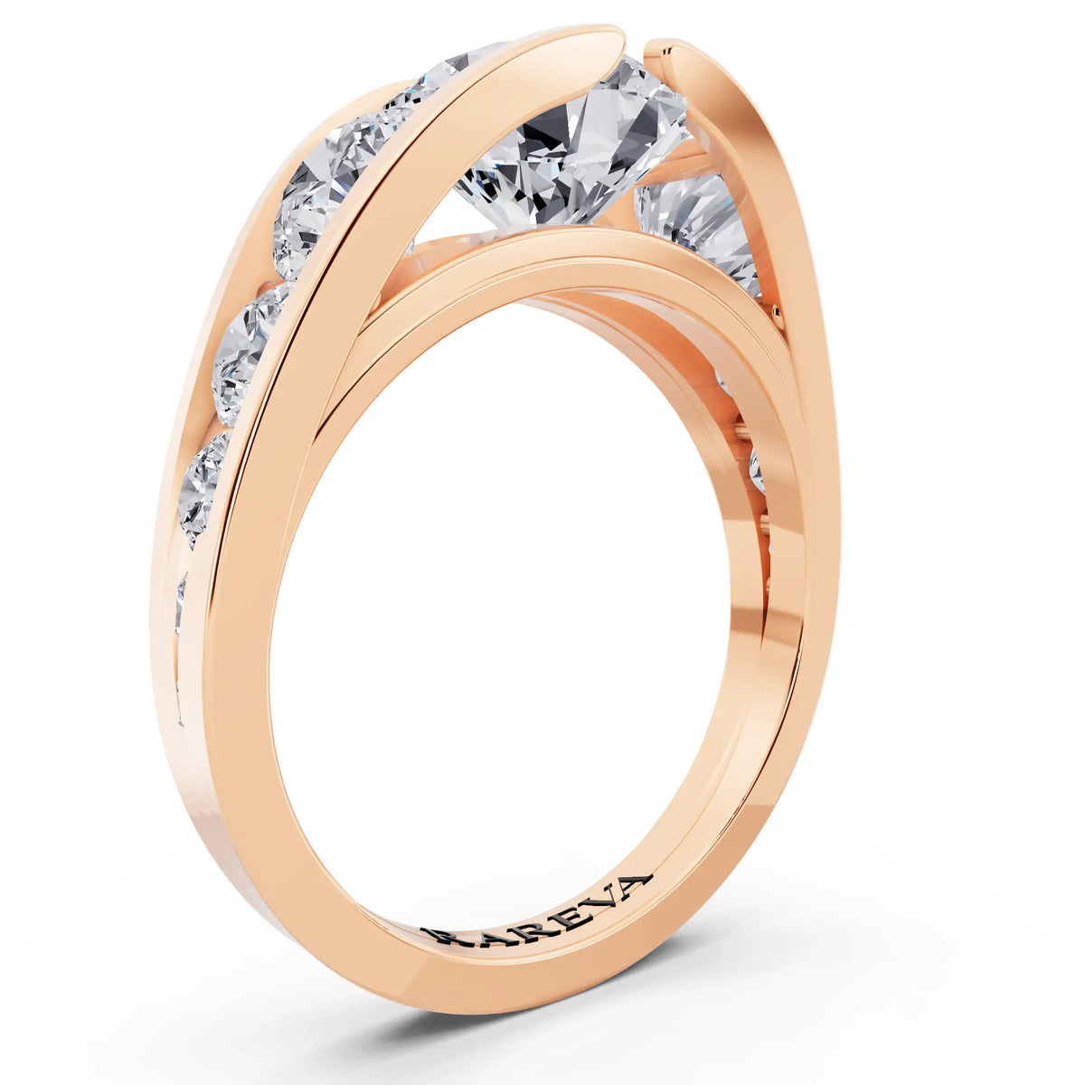 18 KT Rose Gold Round Cut Diamond Ring with Graduated Side Stones - Top view