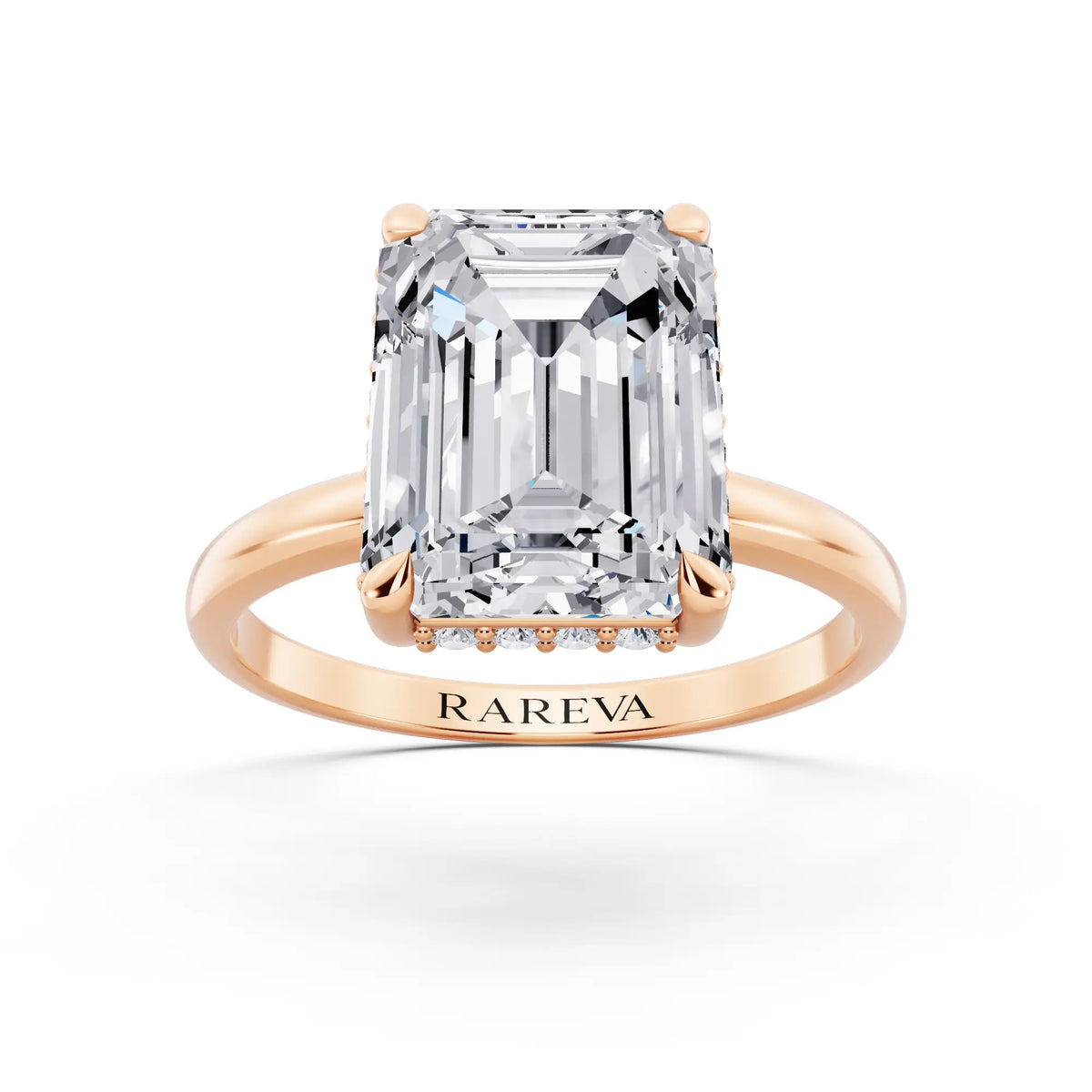 14 KT Rose Gold Emerald Cut Diamond Hidden Halo Solitaire Ring - front view