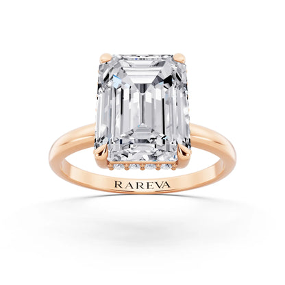 14 KT Rose Gold Emerald Cut Diamond Hidden Halo Solitaire Ring - front view