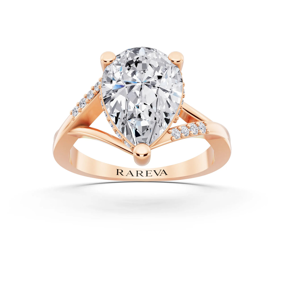 18 KT Rose Gold Pear Cut Diamond Split Shank Engagement Ring with Hidden Halo - front view