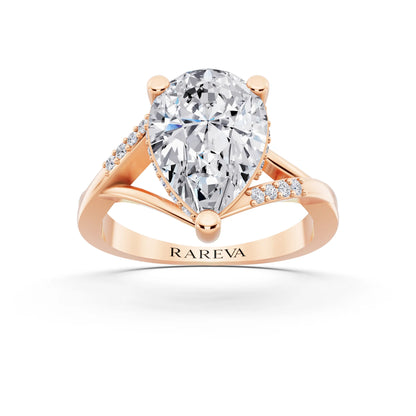 18 KT Rose Gold Pear Cut Diamond Split Shank Engagement Ring with Hidden Halo - front view