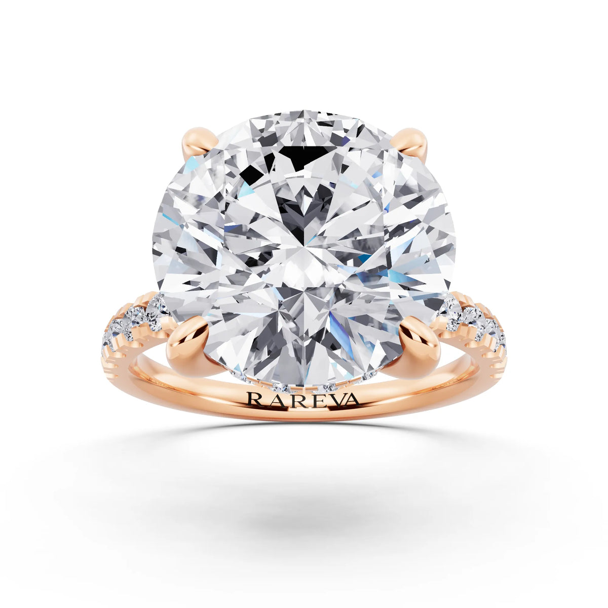 18 KT Rose Gold Round Cut Diamond Hidden Halo Tiger Prong Pave Band Ring - front view