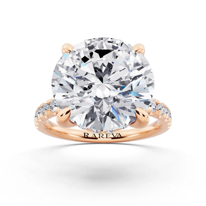 18 KT Rose Gold Round Cut Diamond Hidden Halo Tiger Prong Pave Band Ring - front view