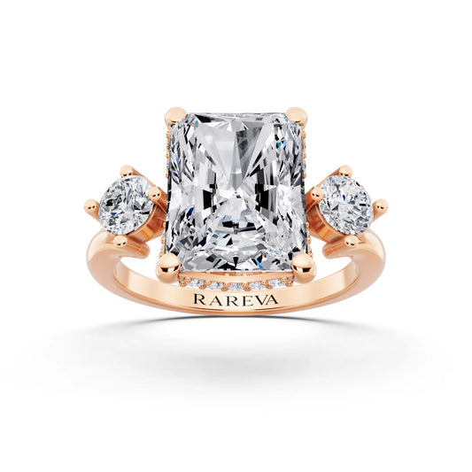 14 KT Rose Gold Radiant Cut Diamond Three Stone Engagement Ring with Hidden Halo - front view