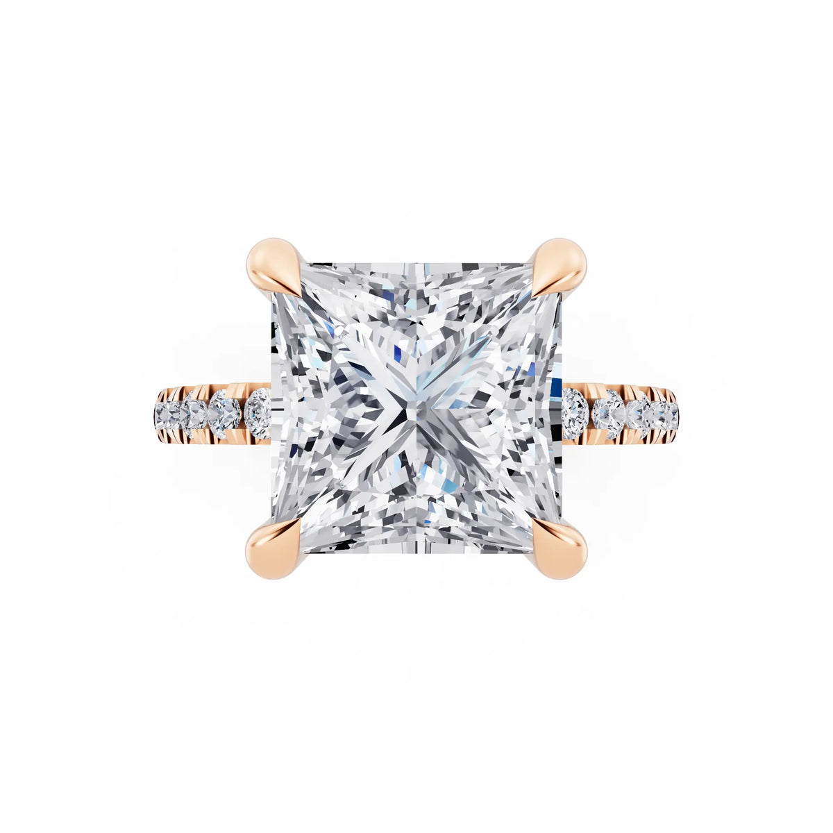 14 KT Rose Gold Princess Cut Diamond Solitaire Ring with Round Pavé Band and Prong Setting - top angle