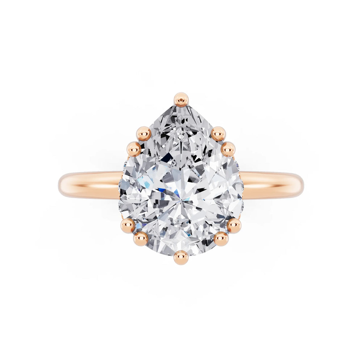 14 KT Rose Gold Pear Cut Diamond Solitaire Ring with Hidden Accent Basket - top angle