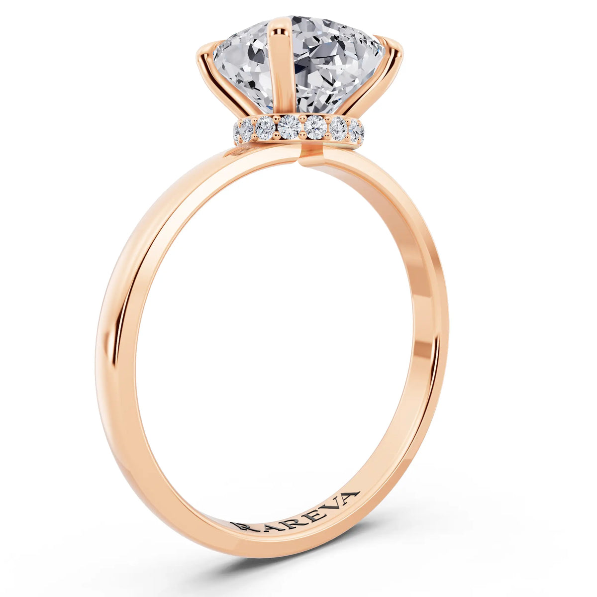 14 KT Rose Gold Cushion Cut Diamond Solitaire Ring with Pave Collar - top view