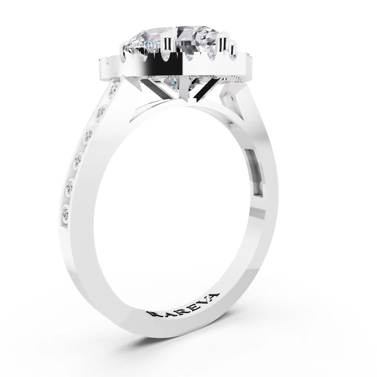 Platinum Heart Cut Diamond Halo Ring with Bezel Accent Band - top view