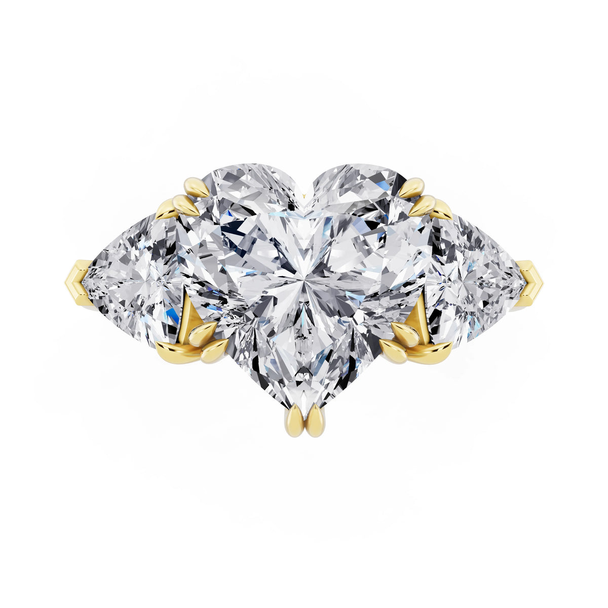 14 KT Yellow Gold Heart Cut Diamond Three Stone Ring with Trillion Accents - top angle