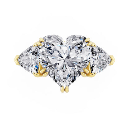 14 KT Yellow Gold Heart Cut Diamond Three Stone Ring with Trillion Accents - top angle