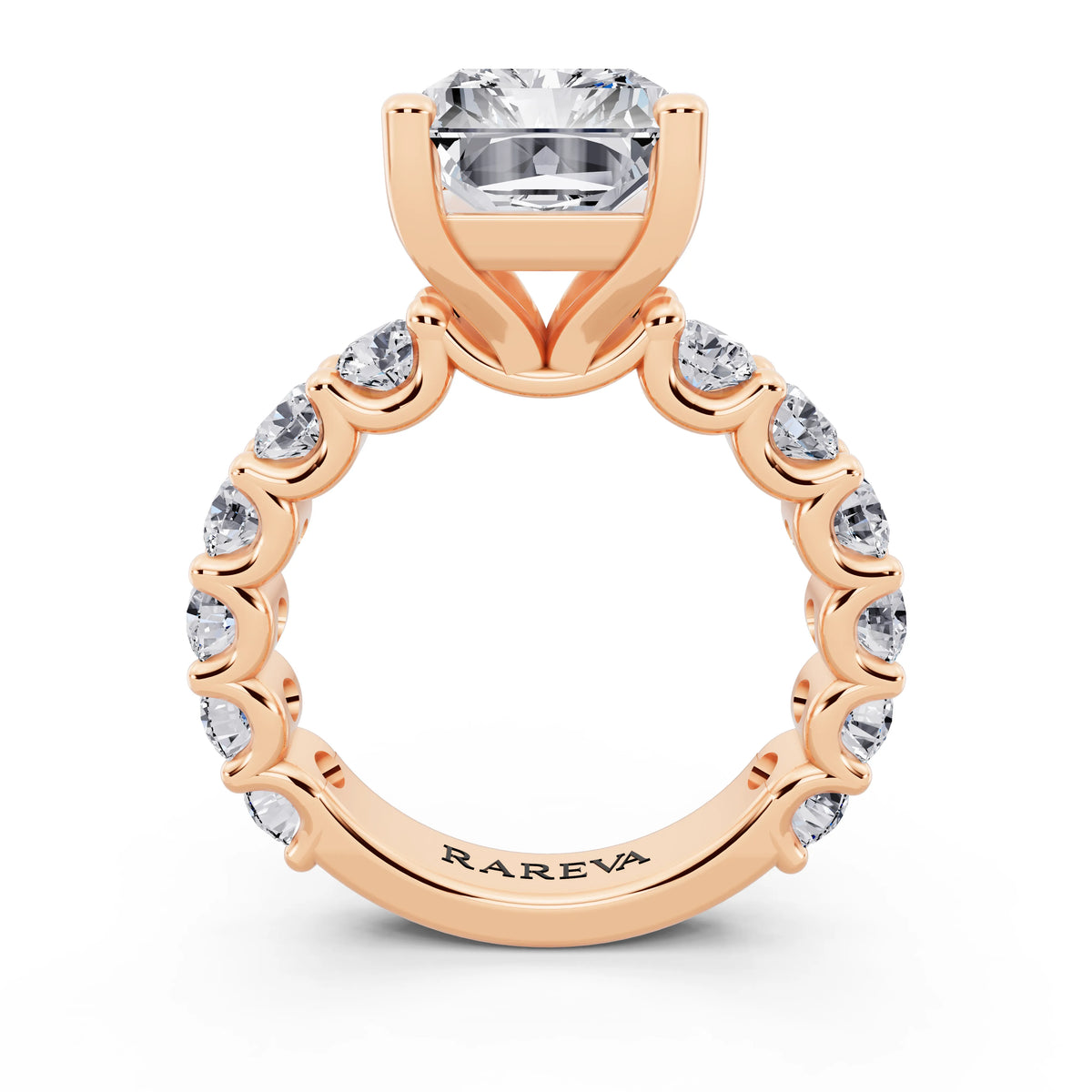 14 KT Rose Gold Radiant Cut Diamond Ring with Shared Prong Eternity Band - through finger
