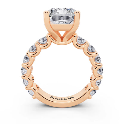 14 KT Rose Gold Radiant Cut Diamond Ring with Shared Prong Eternity Band - through finger