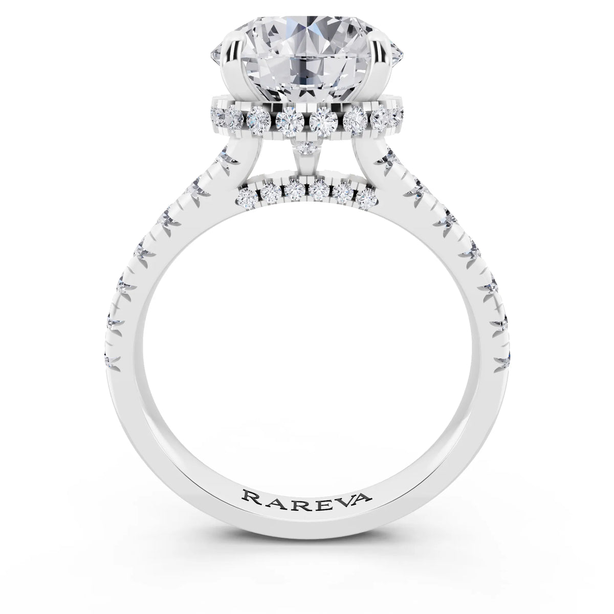 Platinum Round Cut Diamond Ring with Hidden Halo - through finger