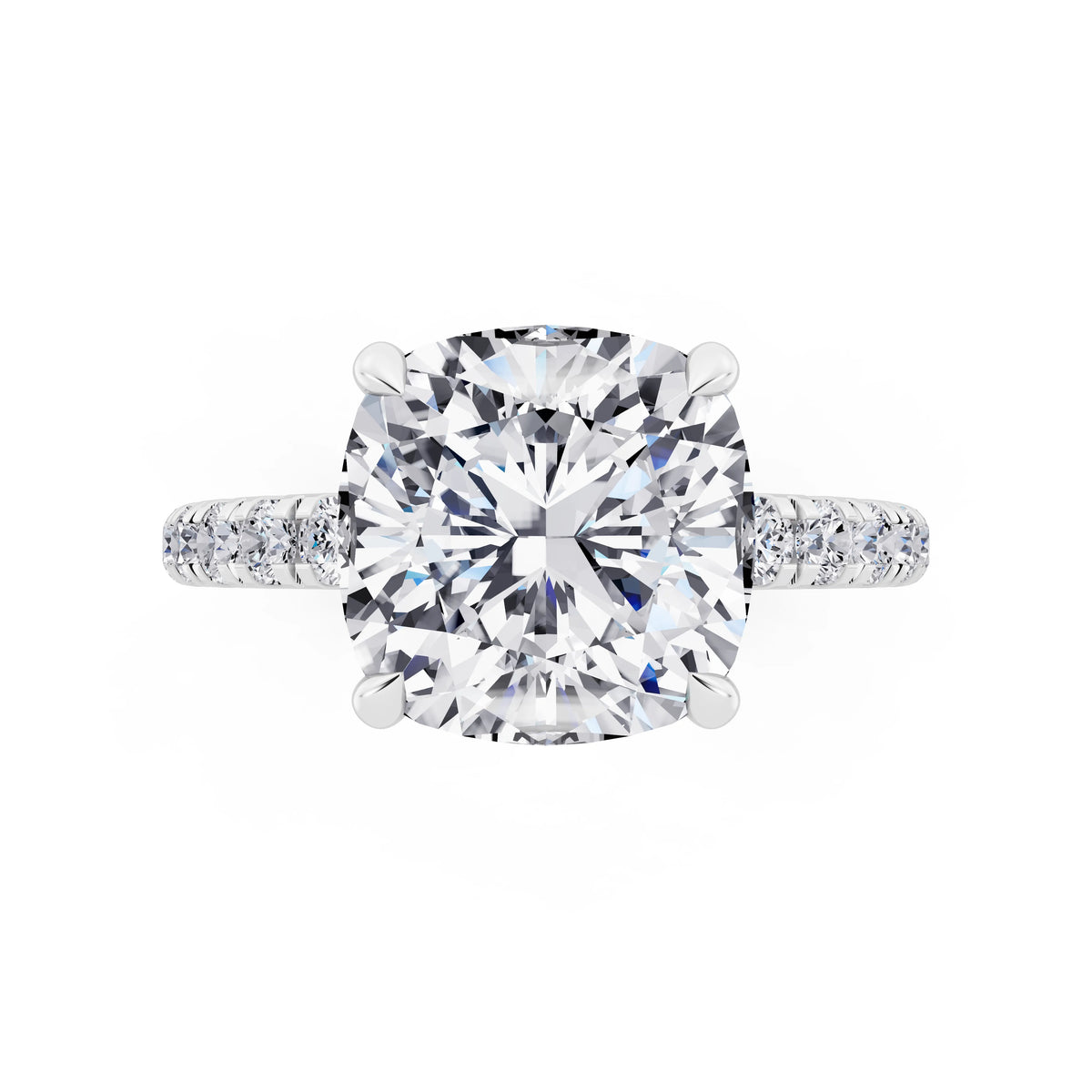 Platinum Cushion Cut Diamond Solitaire Ring with Hidden Halo and French Pave Band - top angle